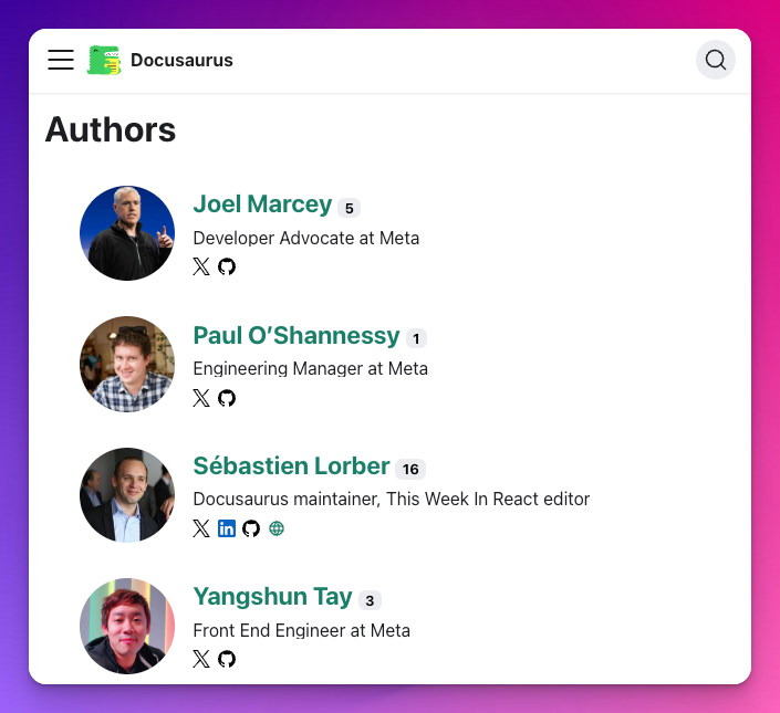 Author index page listing multiple authors