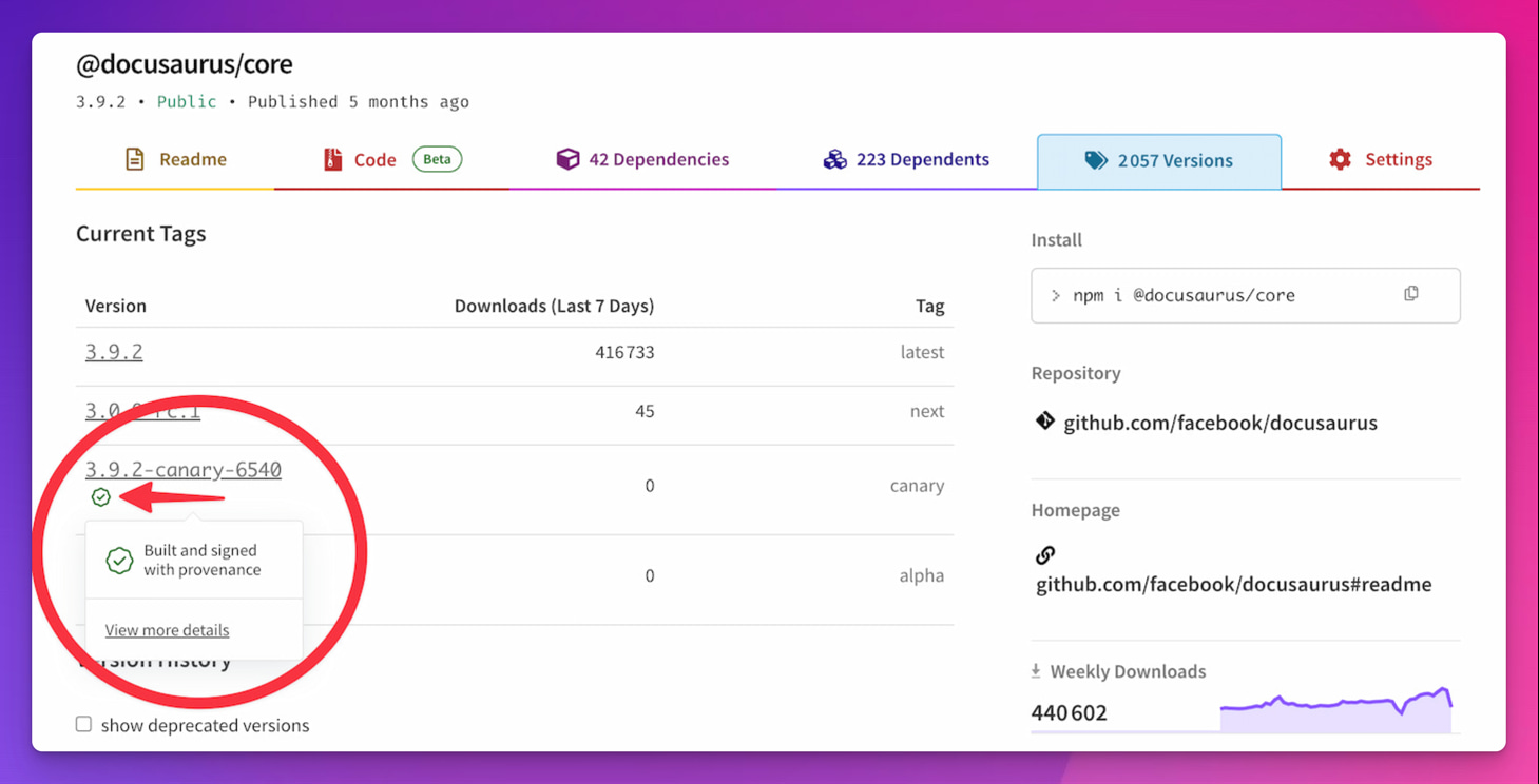 npm trusted publishing checkmark displayed under the version
